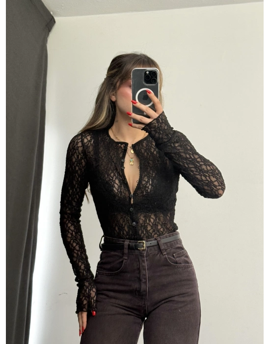 June Düğmeli Dantel Bluz - Siyah