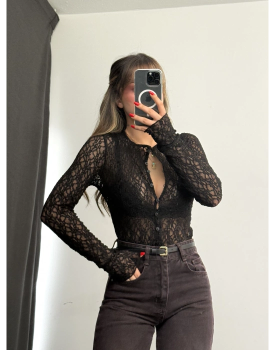 June Düğmeli Dantel Bluz - Siyah