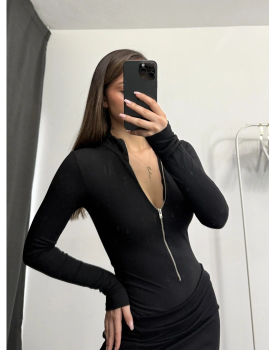 Kalysta Fermuarlı Bodysuit - Siyah