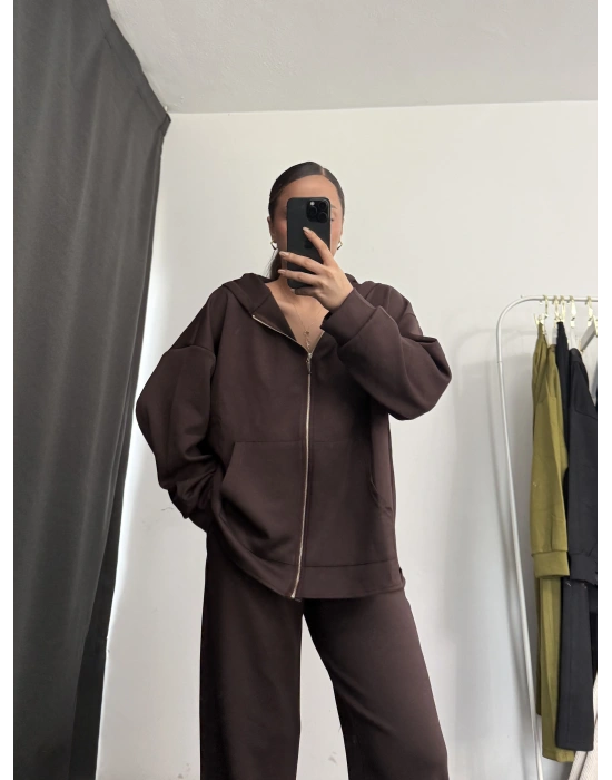 Kapüşonlu Tunik Takım - Kahve