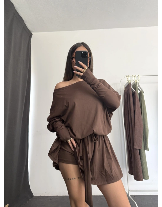 Karina Kayık Yaka Elbise -Kahve