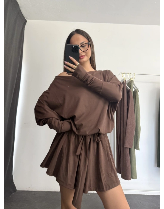 Karina Kayık Yaka Elbise -Kahve