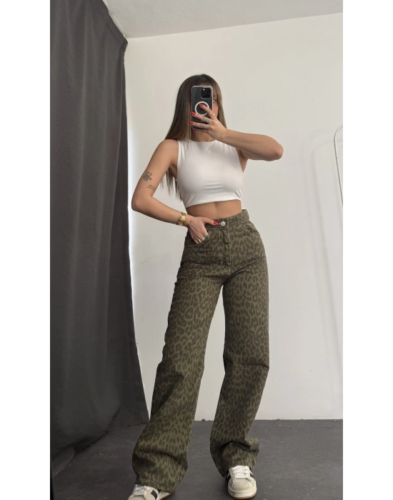 Katy Leopar Desen Baggy Jean - Haki