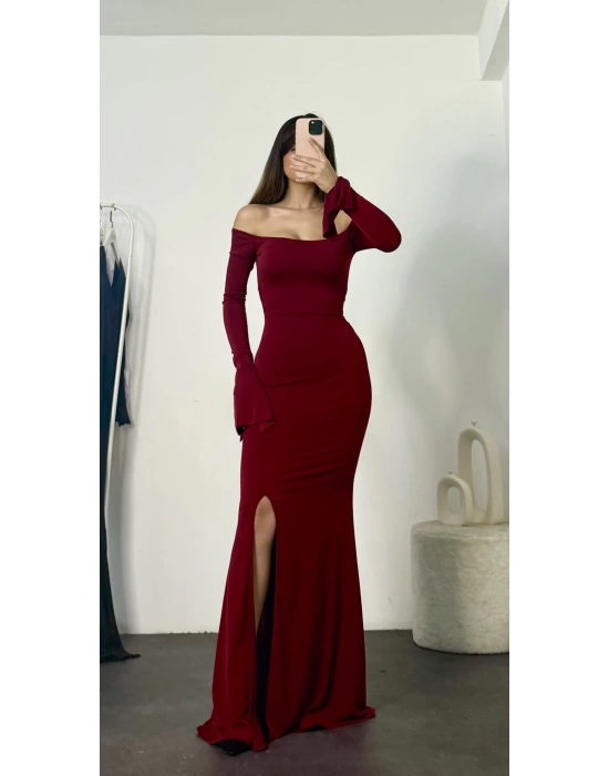 Kayık Yaka Balık Elbise - Bordo
