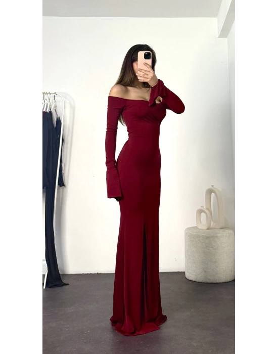 Kayık Yaka Balık Elbise - Bordo