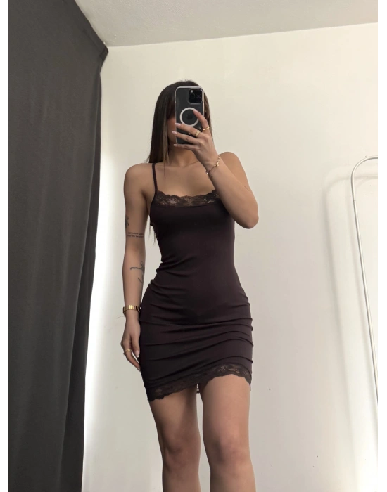 Keira Dantel Detay Mini Elbise - Kahve