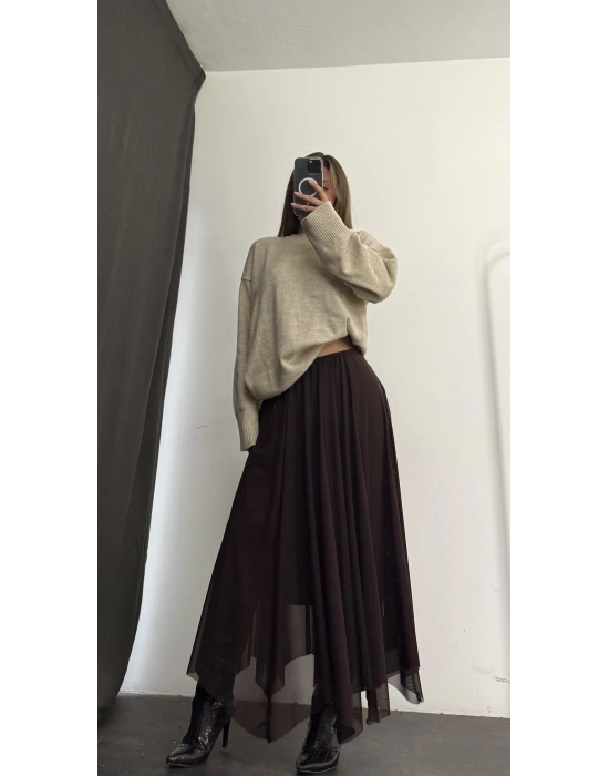 Kendy Asimetrik Tül Etek - Kahve