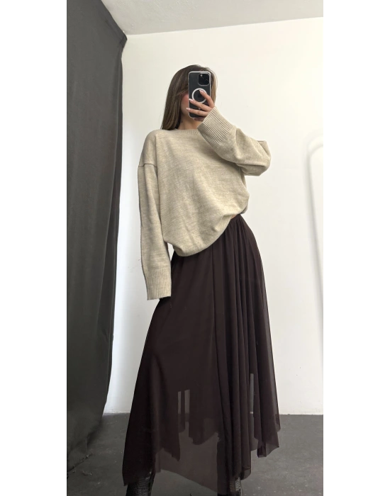 Kendy Asimetrik Tül Etek - Kahve