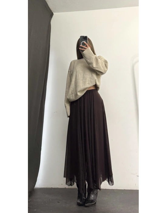 Kendy Asimetrik Tül Etek - Kahve