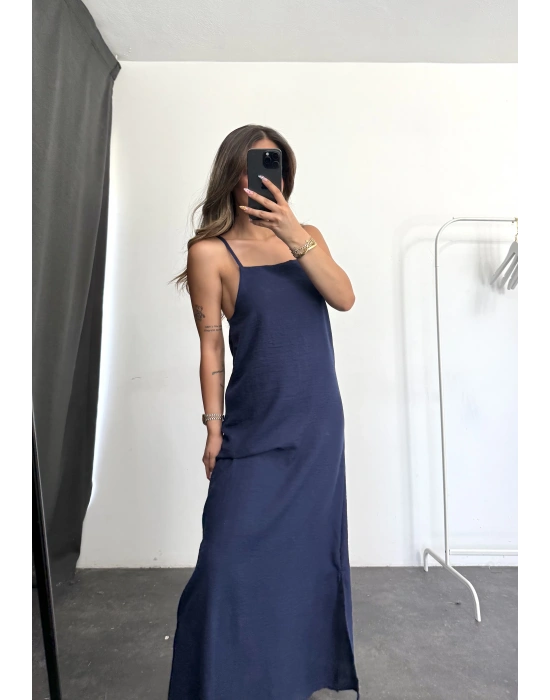Keten Maxi Elbise -Lacivert