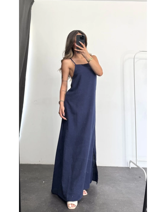 Keten Maxi Elbise -Lacivert
