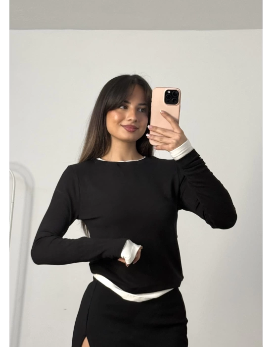 Kira Bisiklet Yaka Crop - Siyah