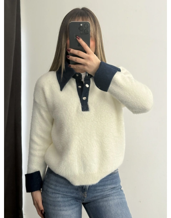 Kot Yakalı Yumoş Kazak - Beyaz