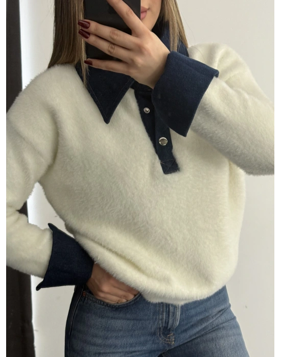 Kot Yakalı Yumoş Kazak - Beyaz