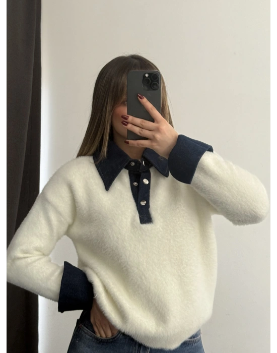 Kot Yakalı Yumoş Kazak - Beyaz