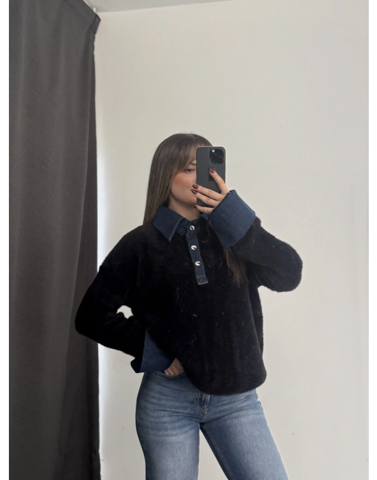 Kot Yakalı Yumoş Kazak - Siyah