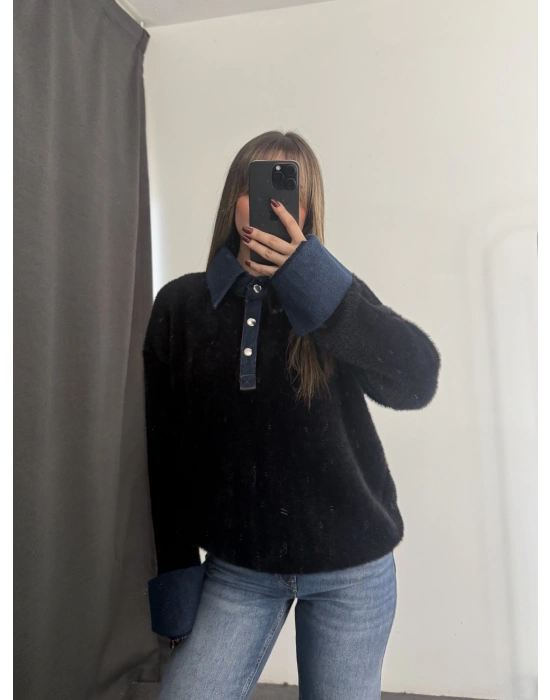 Kot Yakalı Yumoş Kazak - Siyah