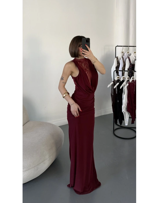 Lady Dantel Detay Elbise - Bordo