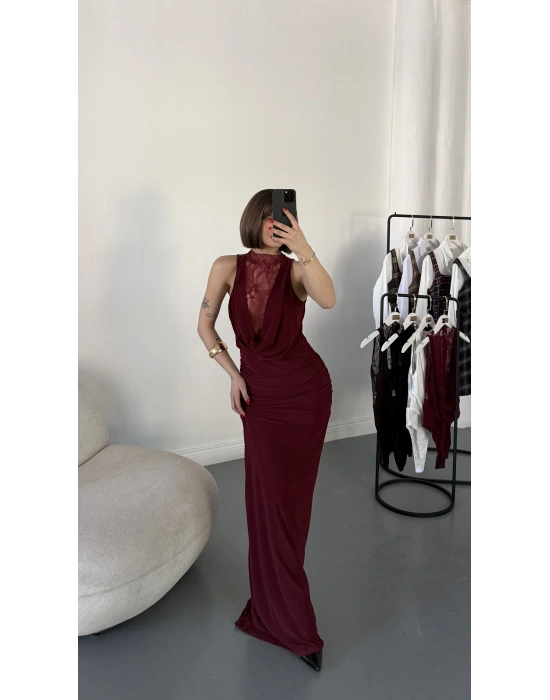 Lady Dantel Detay Elbise - Bordo