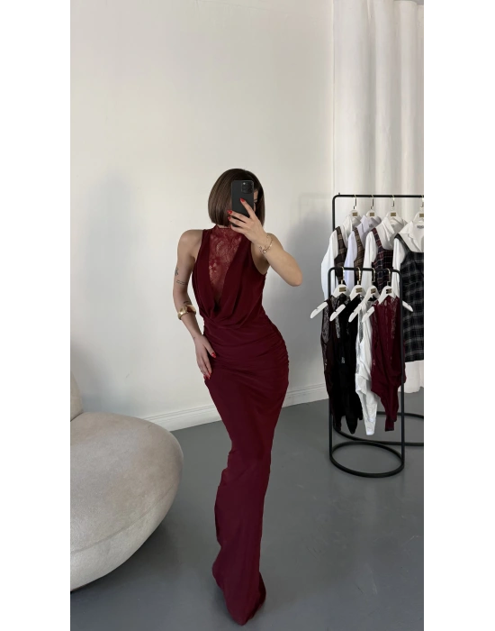 Lady Dantel Detay Elbise - Bordo