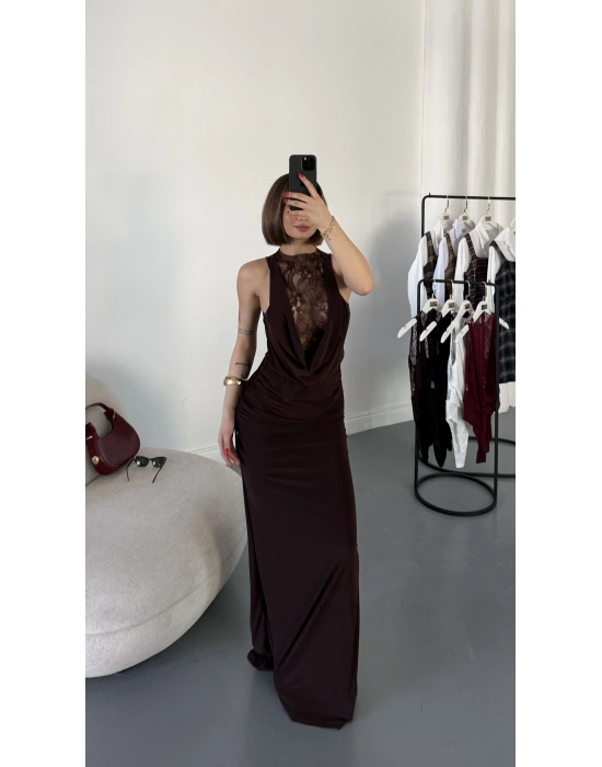 Lady Dantel Detay Elbise - Kahve