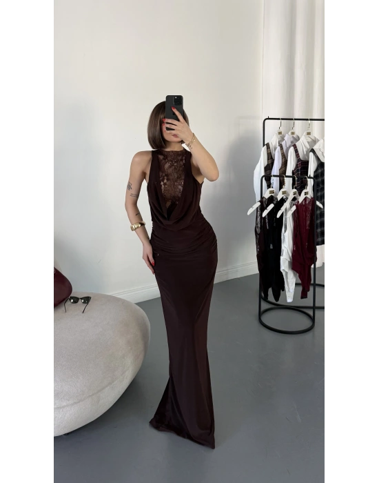 Lady Dantel Detay Elbise - Kahve