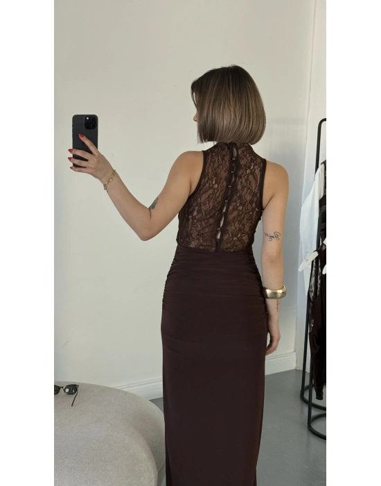 Lady Dantel Detay Elbise - Kahve