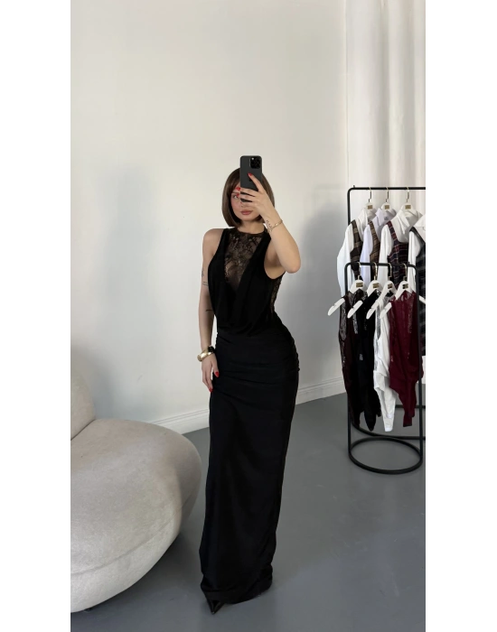 Lady Dantel Detay Elbise - Siyah