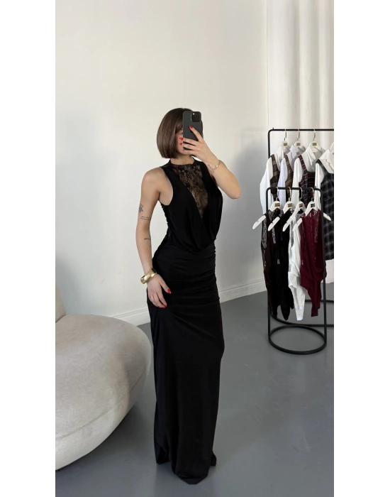 Lady Dantel Detay Elbise - Siyah