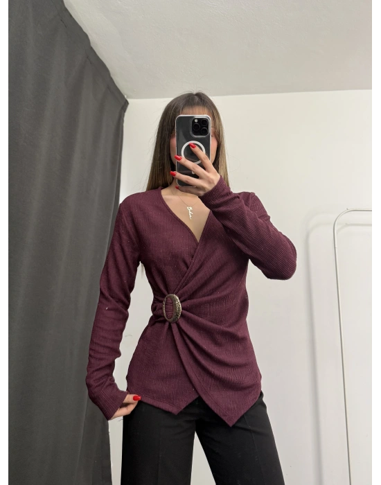 Larisa Tokalı Kruvaze Bluz - Bordo