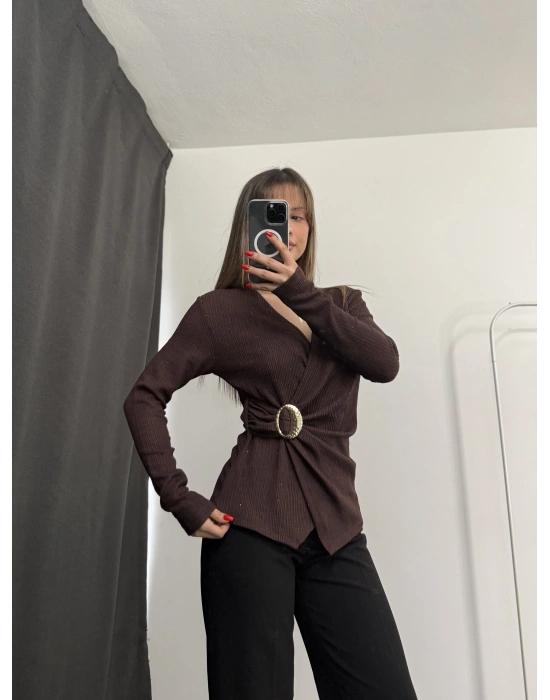 Larisa Tokalı Kruvaze Bluz - Kahve