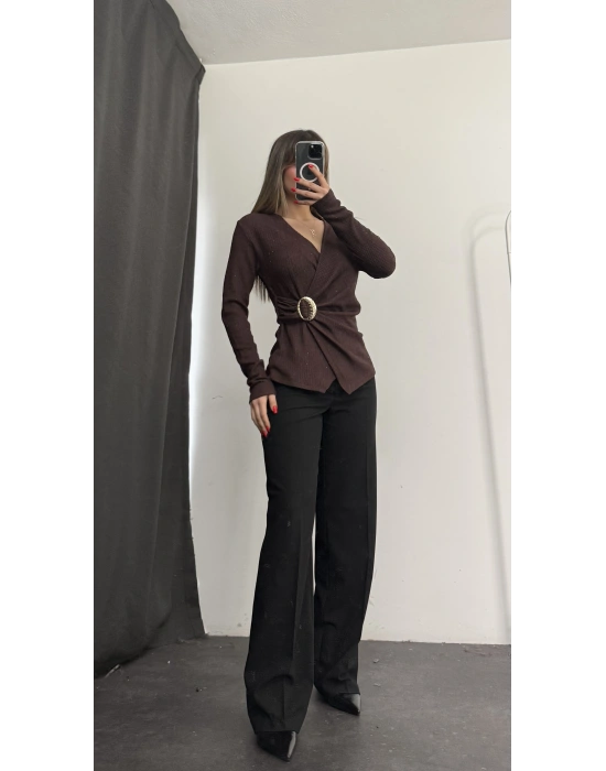 Larisa Tokalı Kruvaze Bluz - Kahve