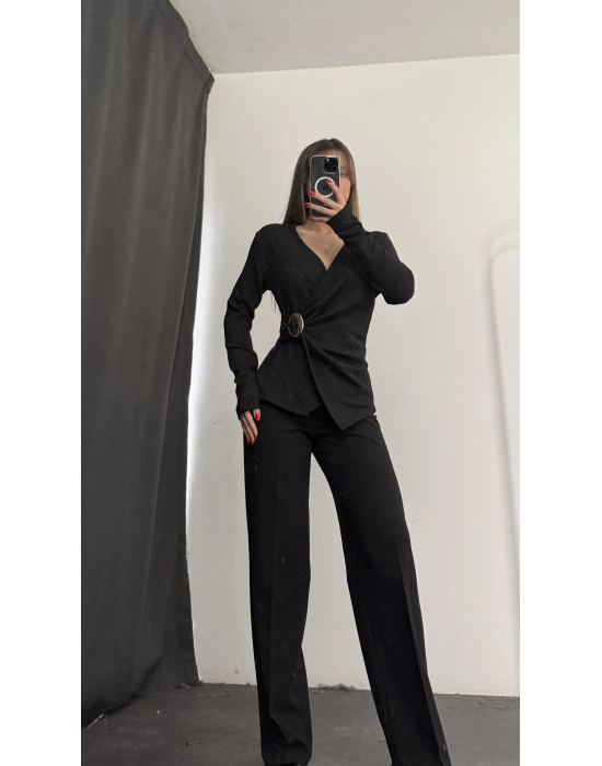 Larisa Tokalı Kruvaze Bluz - Siyah