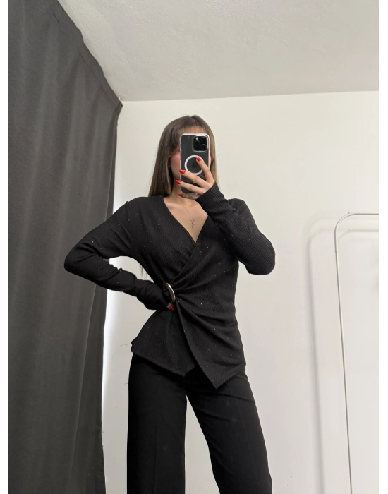 Larisa Tokalı Kruvaze Bluz - Siyah