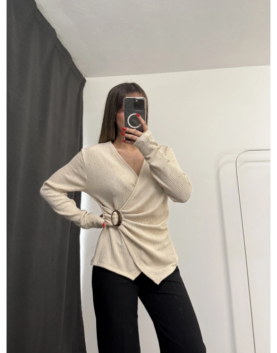 Larisa Tokalı Kruvaze Bluz - Taş