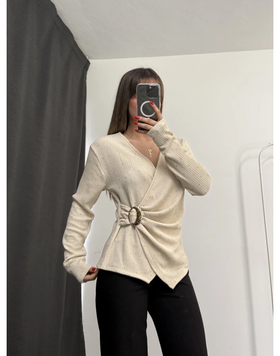 Larisa Tokalı Kruvaze Bluz - Taş