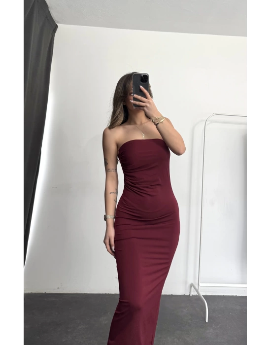 Leila Straplez Elbise -Bordo