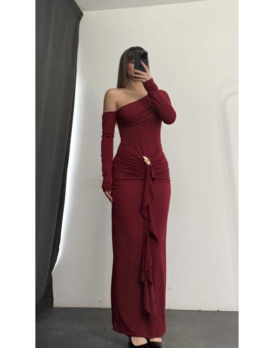 Lena Tek Omuz Tokalı Elbise - Bordo
