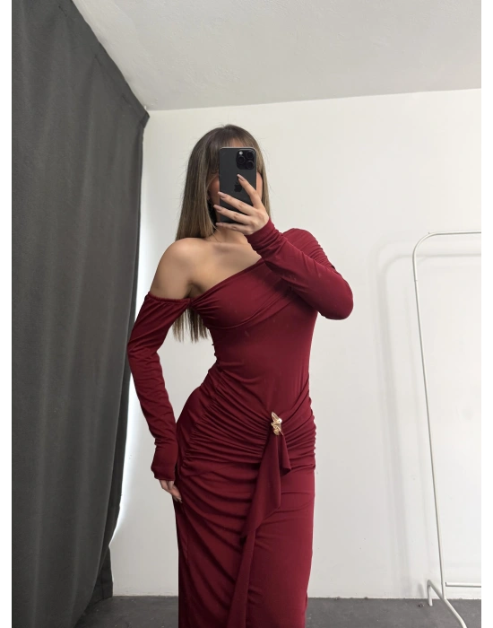 Lena Tek Omuz Tokalı Elbise - Bordo