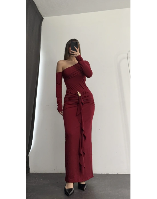 Lena Tek Omuz Tokalı Elbise - Bordo