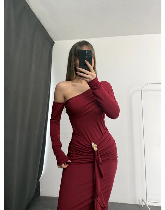 Lena Tek Omuz Tokalı Elbise - Bordo