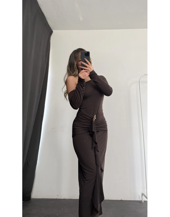 Lena Tek Omuz Tokalı Elbise - Kahve