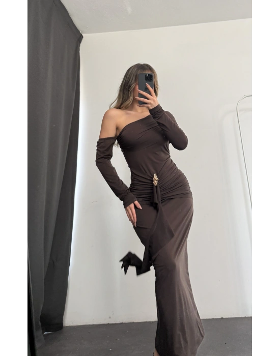 Lena Tek Omuz Tokalı Elbise - Kahve