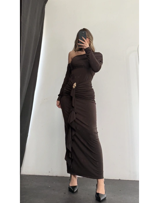Lena Tek Omuz Tokalı Elbise - Kahve