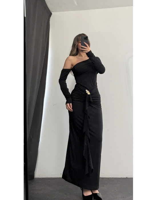 Lena Tek Omuz Tokalı Elbise - Siyah