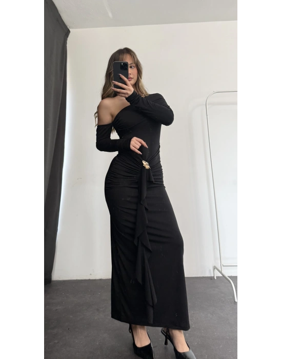 Lena Tek Omuz Tokalı Elbise - Siyah