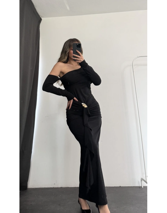 Lena Tek Omuz Tokalı Elbise - Siyah