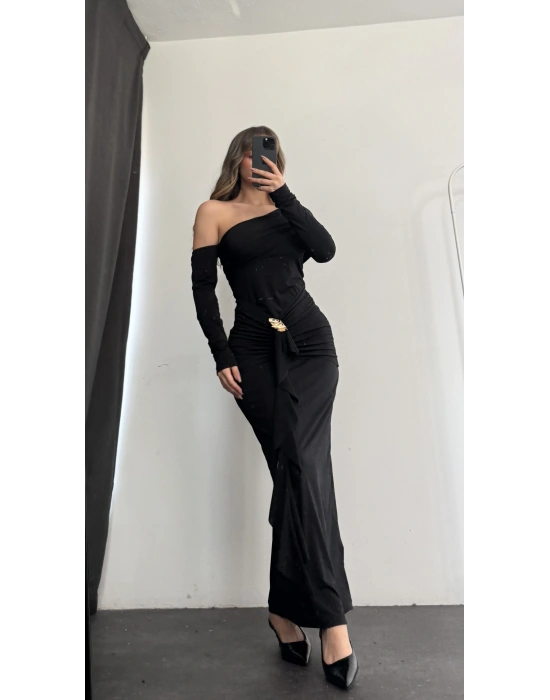 Lena Tek Omuz Tokalı Elbise - Siyah