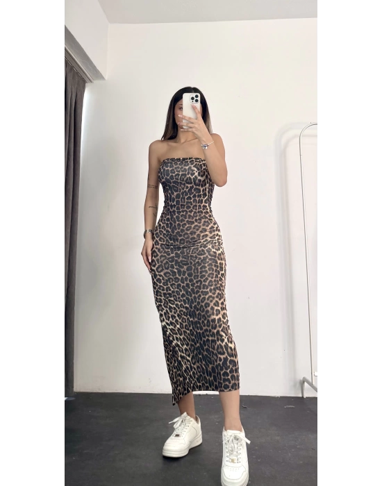 Leopar Midi Straplez Elbise