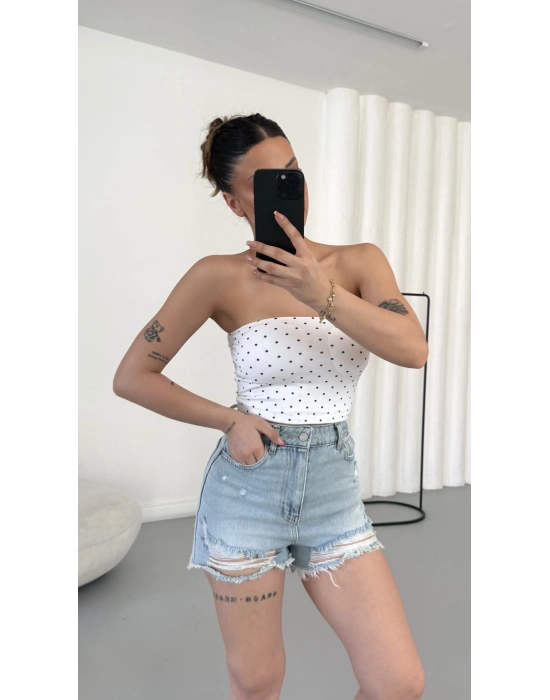 Lexi Gloplu Puantiyeli Crop - Beyaz